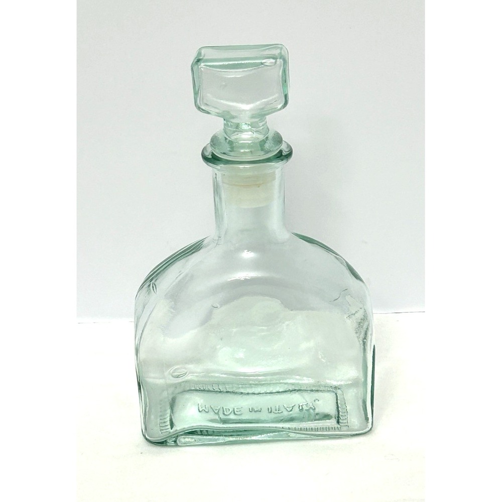 Green Glass Decanter Bottle Made in Italy Plastic Stopper 10" H Barware